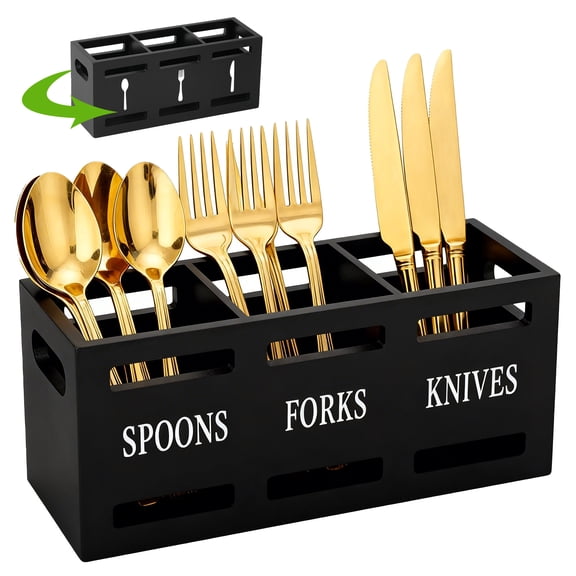 Wood Flatware Organizer with 3 Compartments, Large Utensil Holder, Sturdy Kitchen Silverware Organizer Containers Countertop for Silverware, Fork, Spoon & Spatula