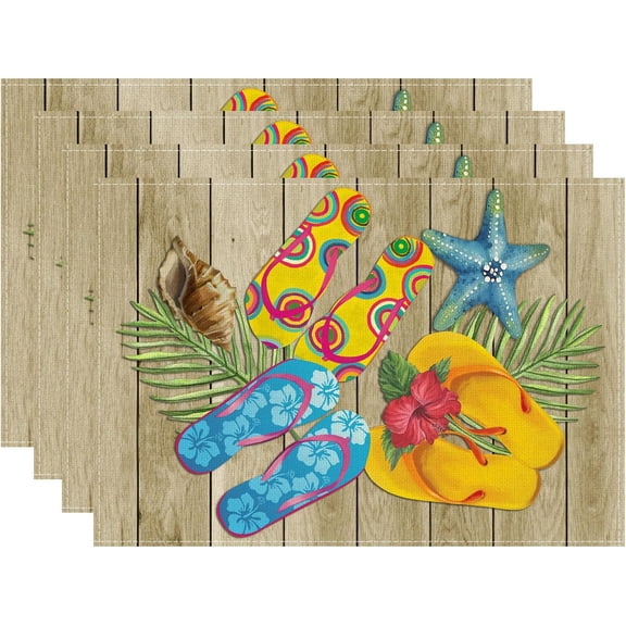 Wood Flip Flops Starfish Conch Beach Summer Placemats Set of 4 Table Mats for Party Home Kitchen Dining Table Decorations 12x18 Inch