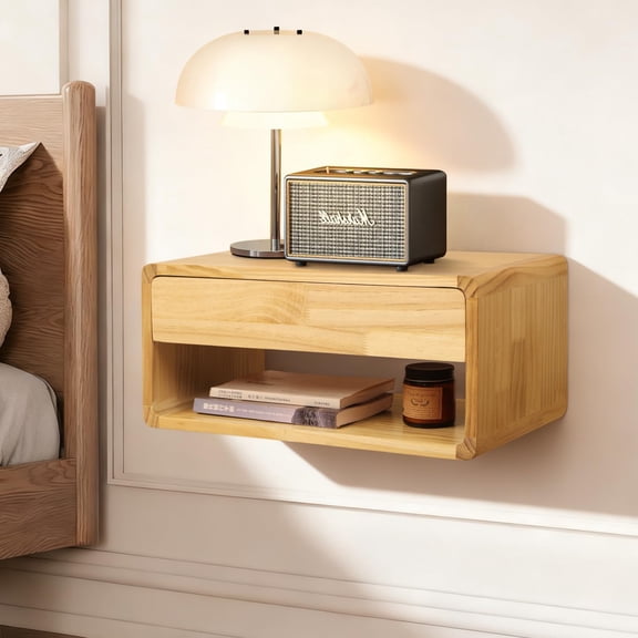 Wood Floating Nightstand Side Table 17.5x 9.5x 8, Modern Wooden Floating Nightstand for Bedroom Bedside Table for Bedroom Living Room Office Home Decor Natural