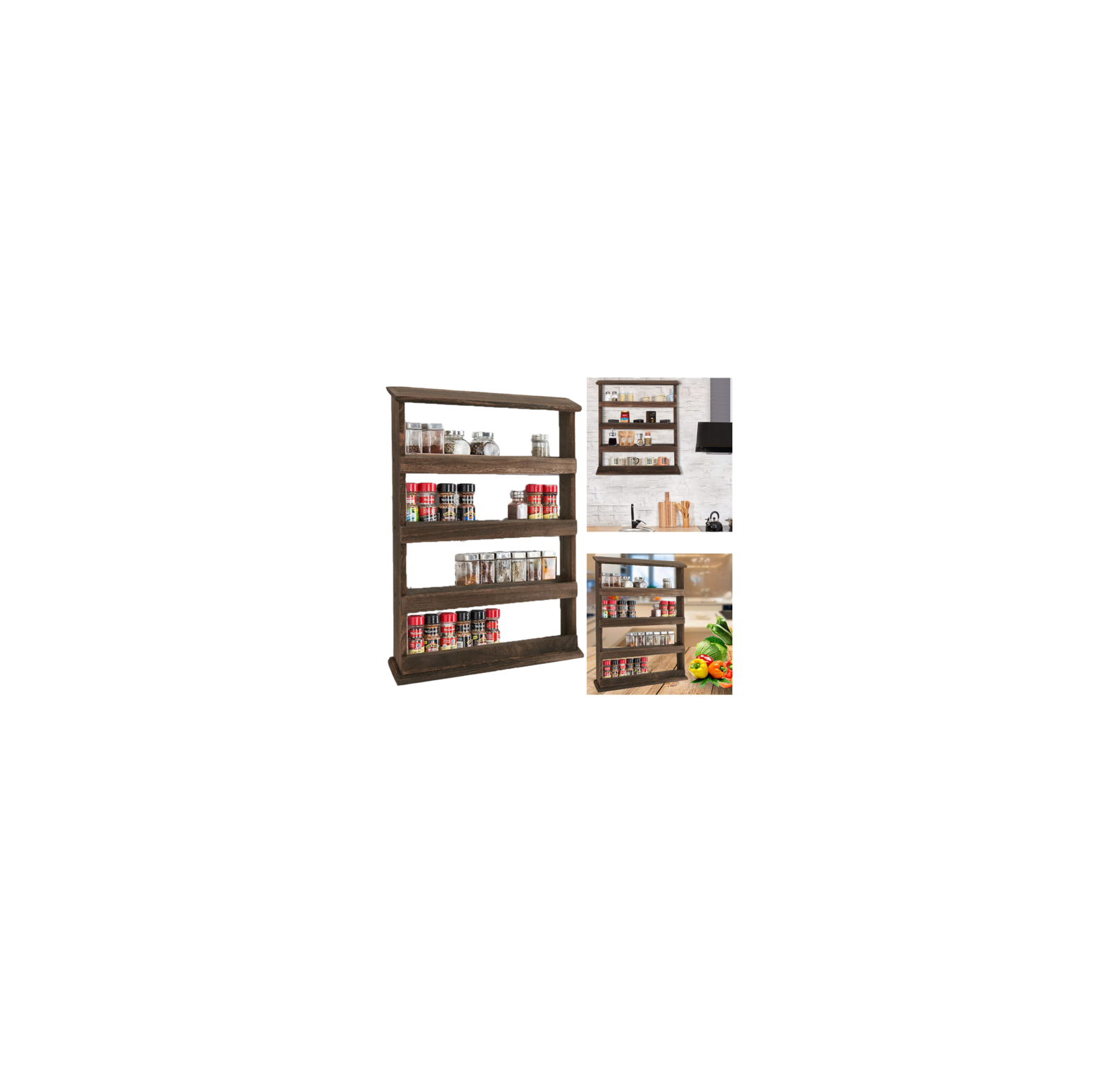 Wood Floating Shelf Wall Mounted Kitchen Spice Jar Storage Organizer