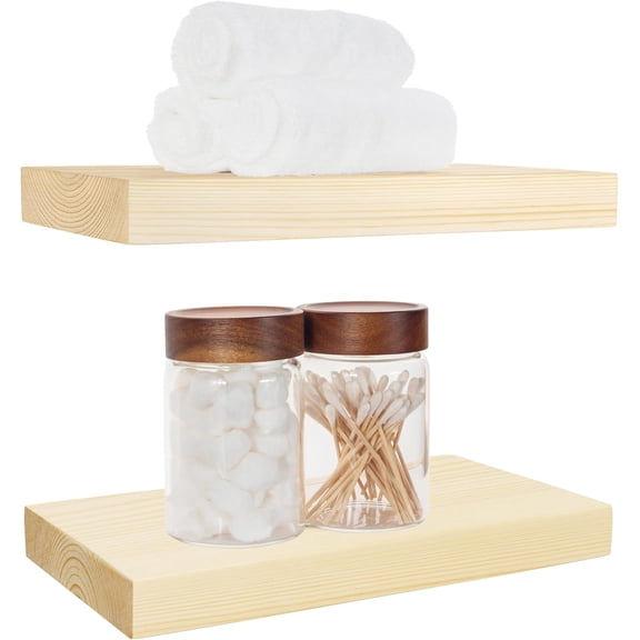 Wood Floating Shelves 16 inch, Wide Rustic Wooden Wall Shelves for Bathroom Living Room Bedroom Kitchen Farmhouse Set of 2-16x 6.7 x1.25 inch- DIY-Unfinished