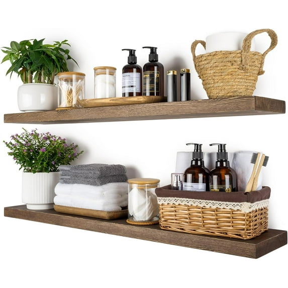 Wood Floating Shelves 36 inch, Wide Rustic Wooden Wall Shelves for Bathroom Living Room Bedroom Kitchen Farmhouse Set of 2-36x 6.7 x1.25 inch- Walnut Color