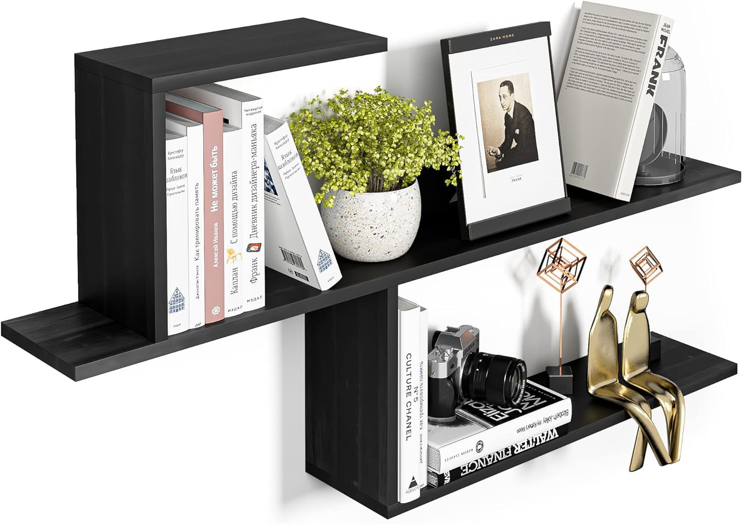 Wood Floating Shelves Black 3 Tier, 40 Inch Extra Long Creative Design Floating Wall Shelf for Living Room, Ladder Bookshelf for Wall Decor &Storage, Floating Shelf Wall Mounted for Office.