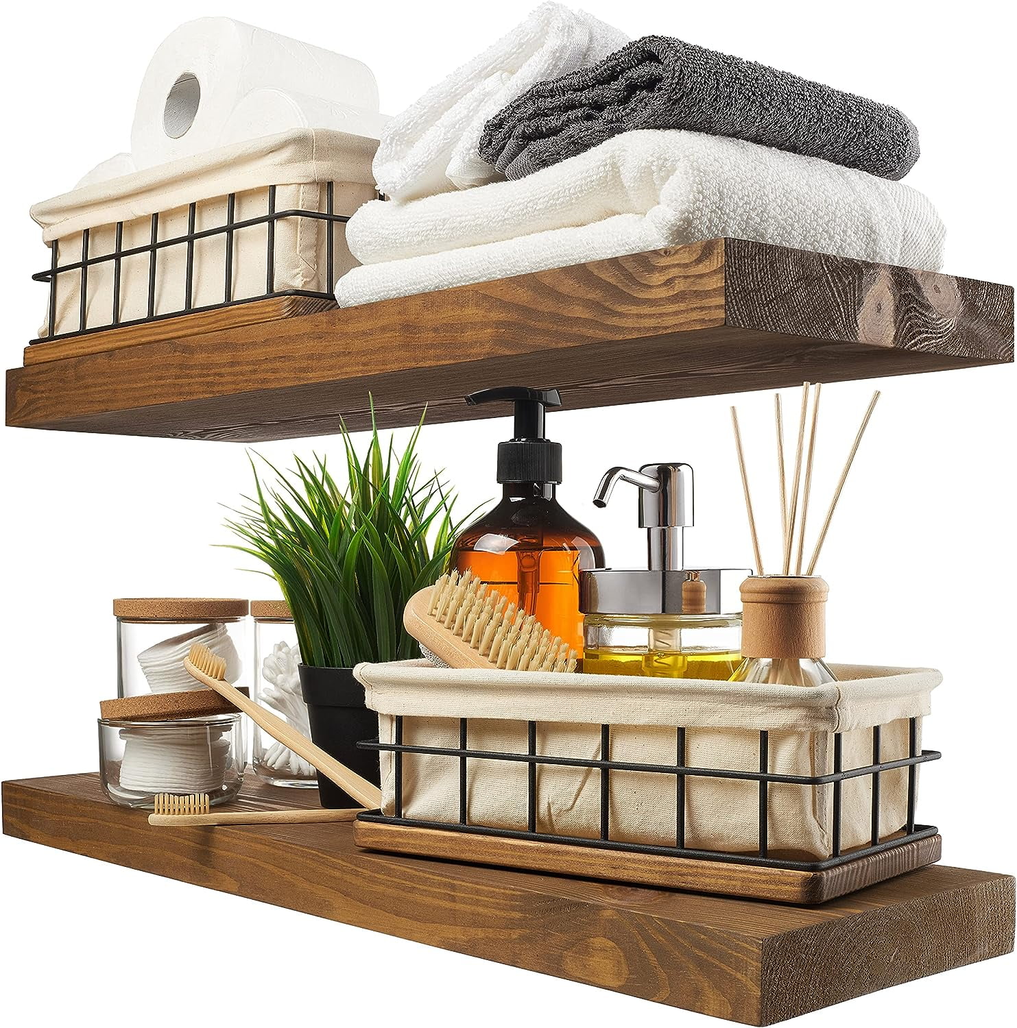 Walnut Pine Wood Floating Wall Shelves, Set of 2