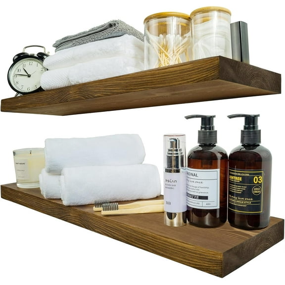 Wood Floating Shelves for Wall 24 inch Set of 2, Rustic Wooden Wall Mount Shelves for Bathroom Living Room Bedroom Kitchen Farmhouse -24x 6.7 x1.25 inch-Dark Walnut