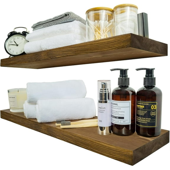Wood Floating Shelves for Wall 24 inch Set of 2, Rustic Wooden Wall Mount Shelves for Bathroom Living Room Bedroom Kitchen Farmhouse -24x 6.7 x1.25 inch- Walnut Color