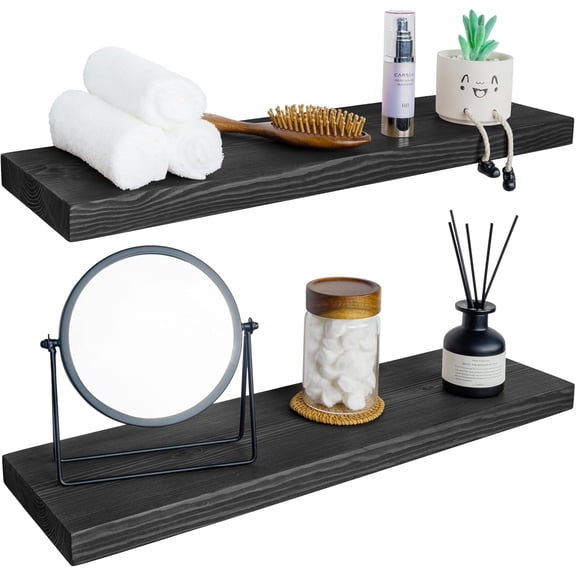Wood Floating Shelves for Wall 30 inch Set of 2,Black Floating Shelves,Solid Wood Wall Mount Shelves for Bathroom Living Room Bedroom Kitchen Farmhouse -30x 6.7 x1.25 inch