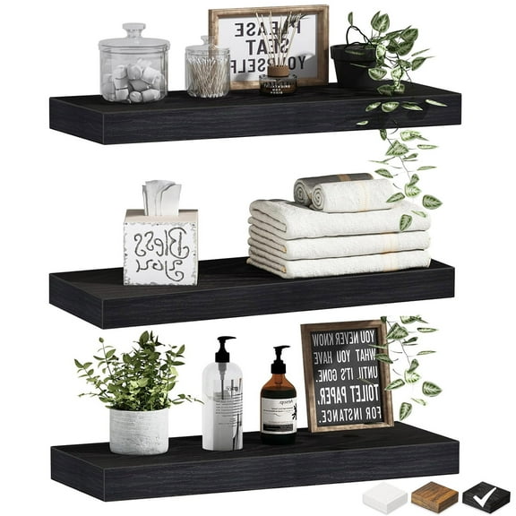 Wood Floating Shelves Wall Mounted, 16" TABGIME Hanging Float Shelf for Decorative Shelves(Black, Set of 3)