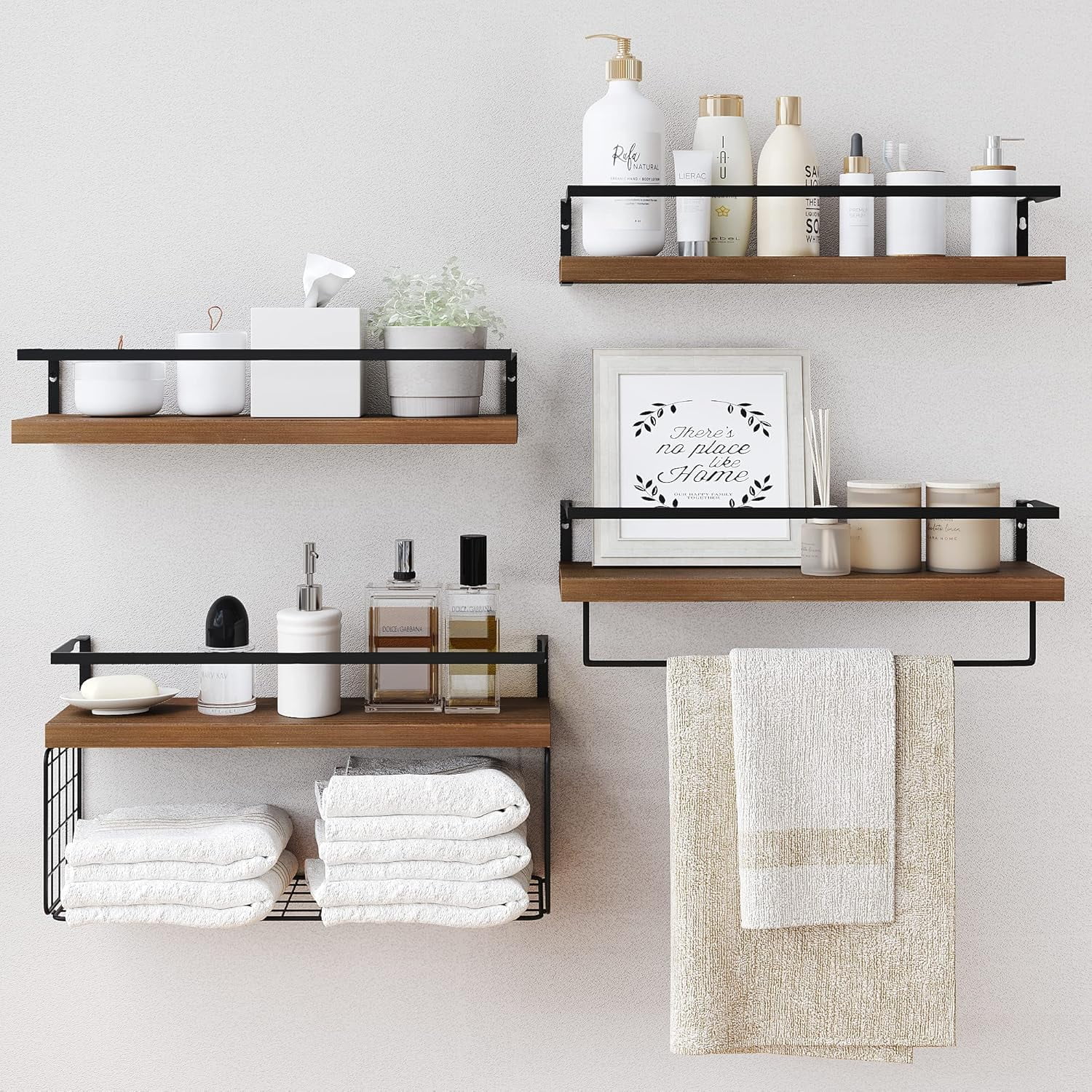 Wood Floating Shelves Wall Mounted - 4+1 Tier Rustic Bathroom Wall ...