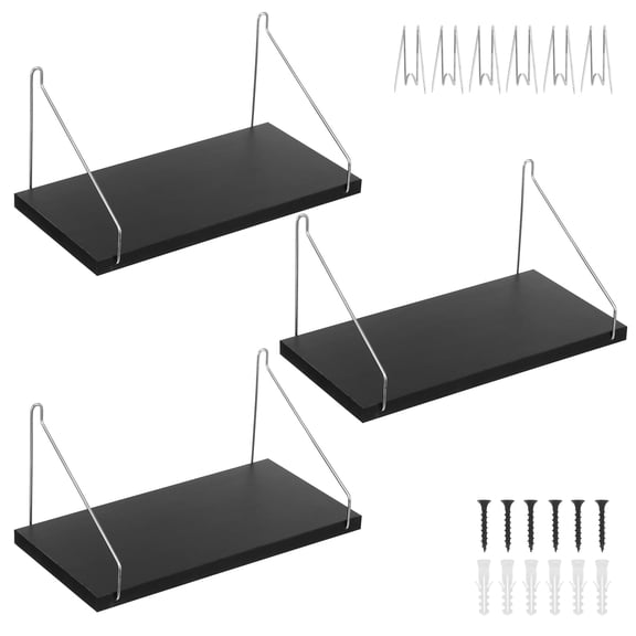 Wood Floating Shelves Wall Mounted Cubicle Display Rack Stainless Steel Hardware 3 Pcs (black )