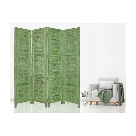 Wood Floor Screen - 4 Panel Room Divider - Washed Green Finish