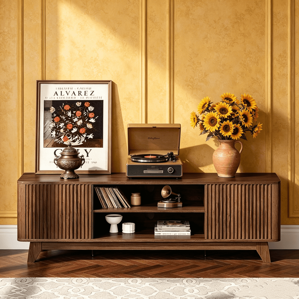 Wood Fluted TV Stand for TVs up to 70 Inch, Mid Century Modern Low Profile TV Console Cabinet with Adjustable Open Storage Shelves & Double Slatted Cabinet Doors