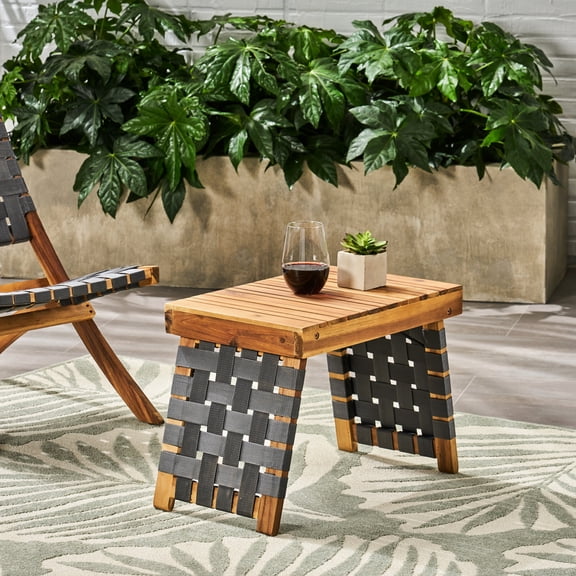 Wood Foldable Side Table With Water- Strap And Woven Enticement, Black - Brown, 19.63" D X 13.54" W 15.68" H, Readily Unfoldable Utilitarian In Appearance Allure, Employable