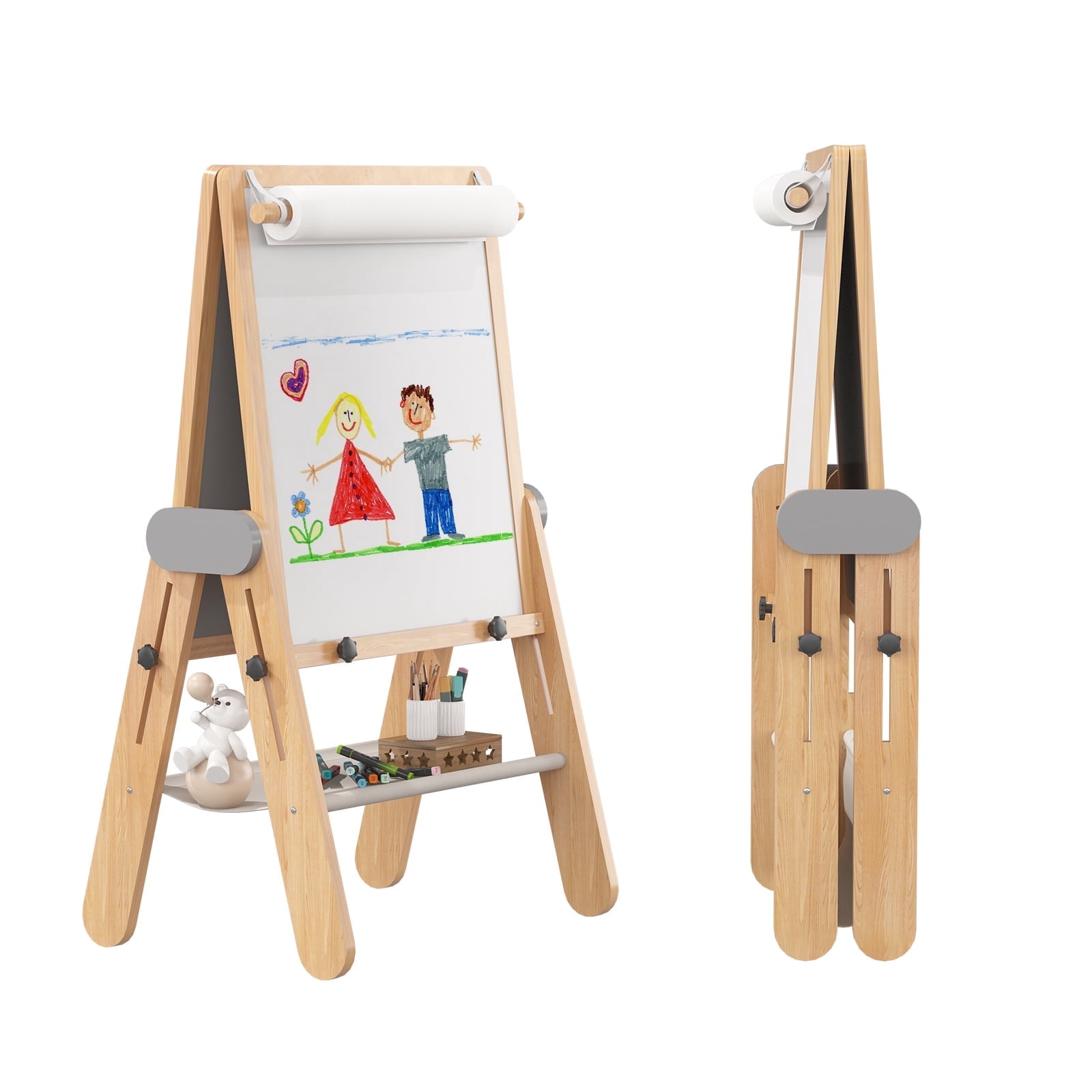 Wood Folding Art Easel for Kids, Double-sided Magnetic Whiteboard & Chalkboard, Adjustable Height Wooden Drawing Board, Educational Gift for Boys and Girls