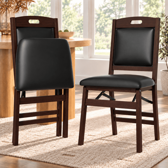 Wood Folding Dining Chairs Set of 2,Padded Seat and Back,Solid Wooden Frame,Black Folding Chairs with 400 lb Capacity,No Assembly,Ideal for Kitchen