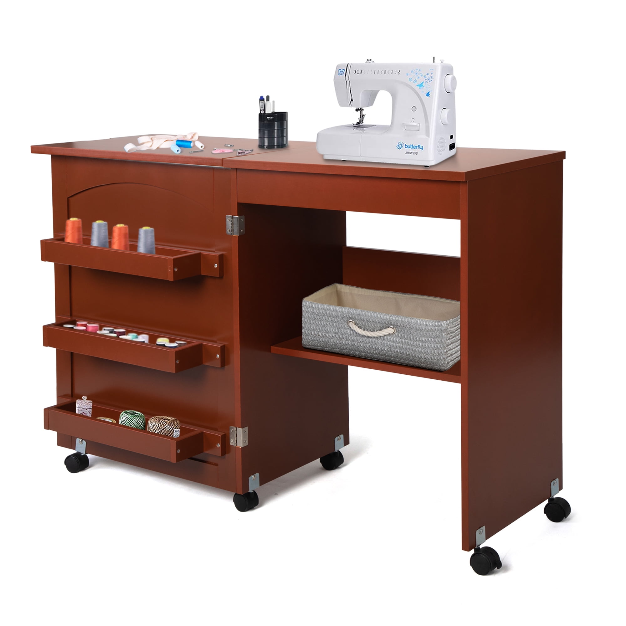 Wood Folding Sewing Craft Table, Art Desk with Storage Shelves and Lockable  Casters, Brown 