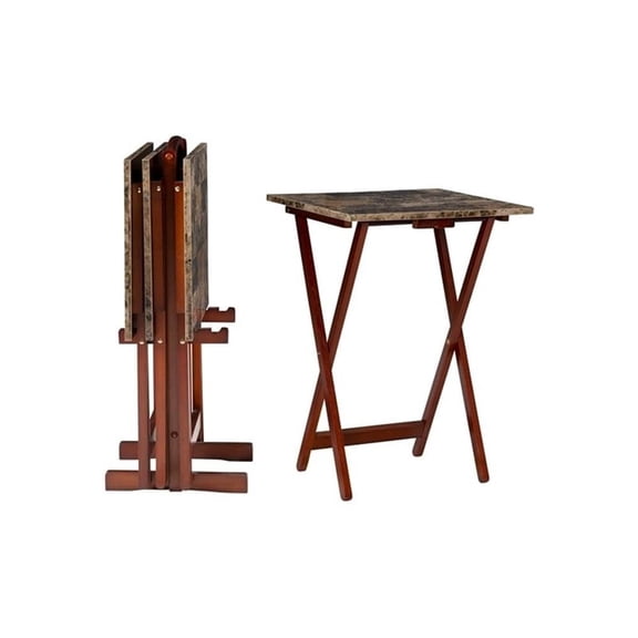 Wood Folding Tray Table Set With Faux Marble Top, Brown, 5-Piece