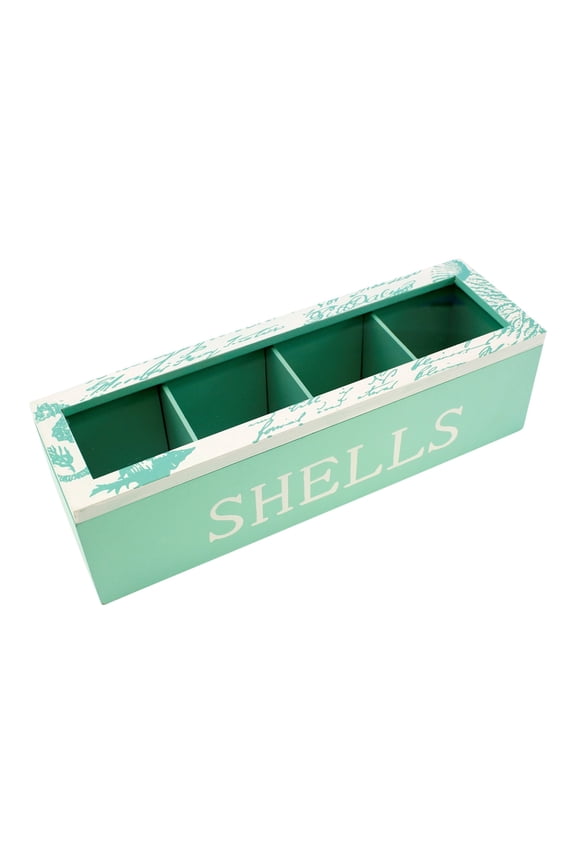 Wood Four-Part Compartment Seashells Keepsake 11 Inches Collection Box