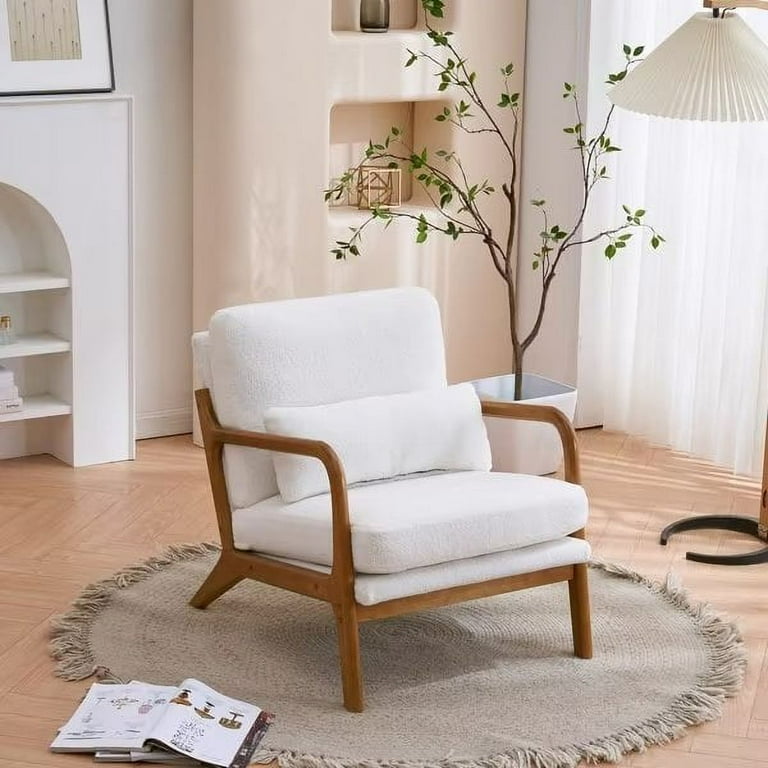 Wood Frame Accent Chair Fabric Upholstered Armchair Lounge Chair Mid Century Modern Reading Chair with Removable Cushion and One Pillow for Living