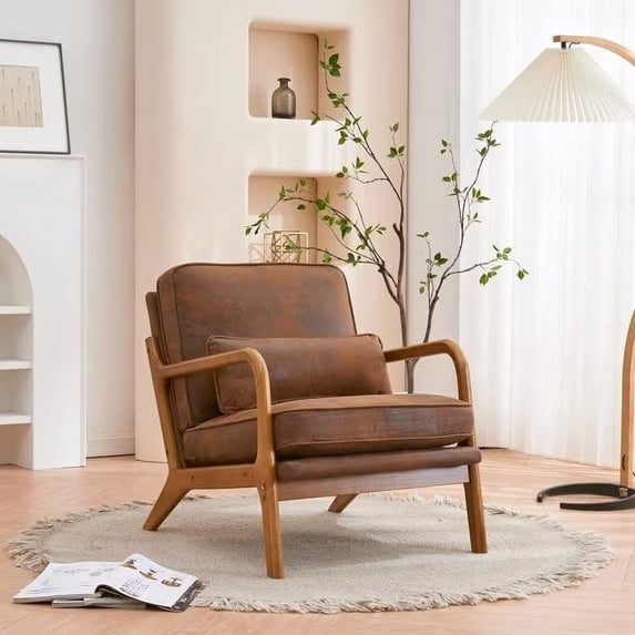 Wood Frame Accent Chair, Fabric Upholstered Armchair Lounge Chair, Mid Century Modern Reading Chair with Removable Cushion and One Pillow, for Living Room Bedroom Home Office, Brown