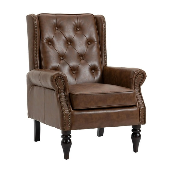 Wood Frame Armchair, Modern Accent Chair with PU Leather & Sturdy Wood Legs, Lounge Chair for Living Room, Bedroom, Study, Brown