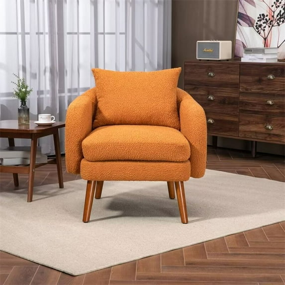 Wood Frame Armchair, Modern Boucle Upholstered Lounge Chair with Pillow and Thicken Cushion Comfy Single Sofa Chair Leisure Reading Chair Accent Chair for Living Room Bedroom Office, Orange