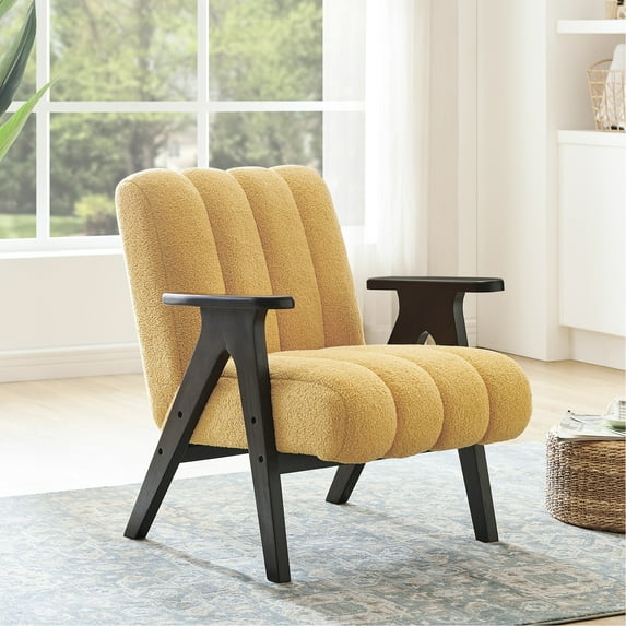 Wood Frame Chair With Cozy Yellow Seating Modern Accent Fabric And Trim
