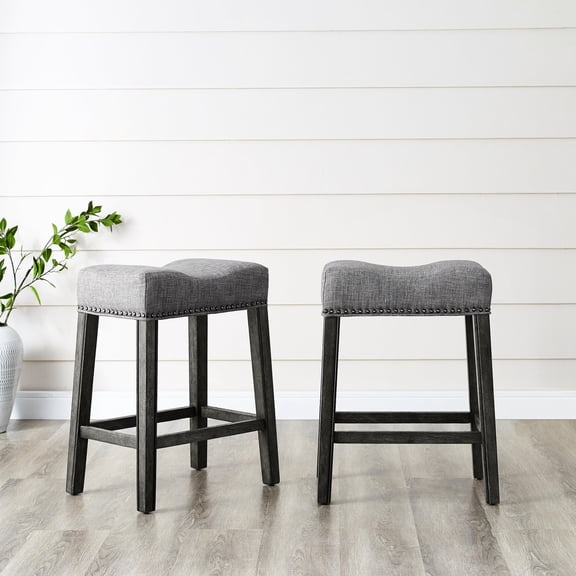 Wood Frame - Contemporary Saddle Design - Indoor Living Use - Gray Backless Counter Stools