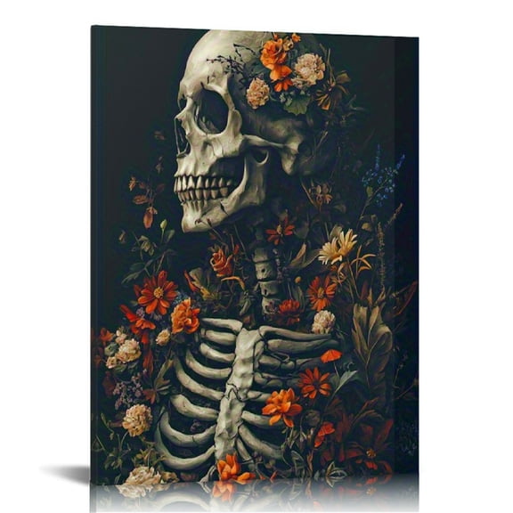 Wood Frame Halloween Canvas Painting Skeleton Characters Surrounded By Plants and Flowers Dark Academic Theme, Gothic Atmosphere Poster Picture Room Decor Art Framed