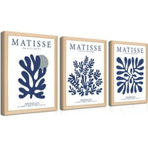 Wood Frame Matisse Wall Art Set of 3, Abstract Blue Henri Matisse Canvas Posters Prints, Light Blue Minimalist Flower Aesthetic Wall Decor Paintings for Living Room Bedroom Bathroom 16x24 Inch