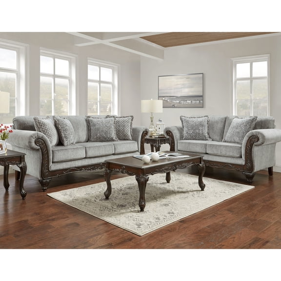 Wood Frame Seating Arrangement, Gray And , Soft Upholstery, Panels, Dark Cherry Feet, High Foam, Matching Pillows Provided Pair, Details, Hardwood, Fringe Included