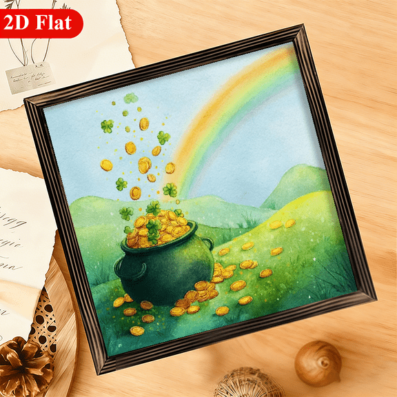Wood Frame Sign Pot of gold at the end of the rainbow, fourleaf clover and gold coins, watercolor dreamy style Wall Art Paintings Ideal Gift For