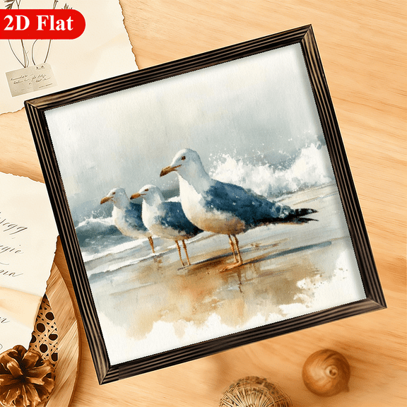 Wood Frame Sign Seagull Group, Coastal Waves, Watercolor Freehand Style Wall Art Paintings Ideal Gift For Living Room Bedroom Corridor Wall Decor
