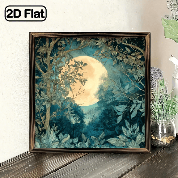 Wood Frame Sign Vintage Forest Full Moon Wall Art Paintings Ideal Gift For Living Room Bedroom Farmhouse Corridor Wall Decor Room Decoration Ready to Hang, 8x8 Inch Decorative Signs & P