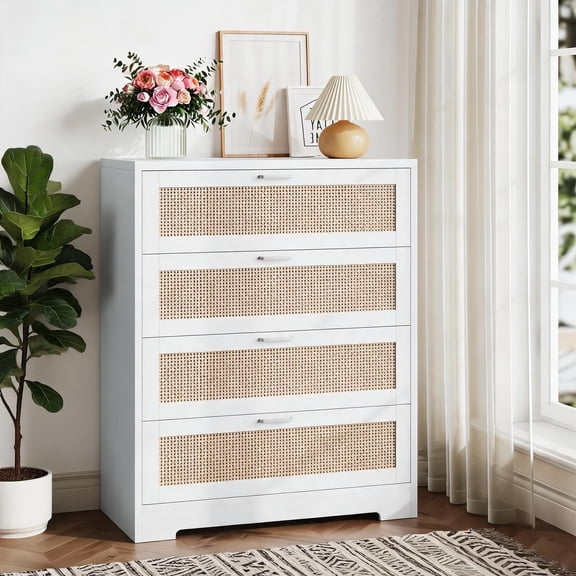 Wood Frame Storage Dresser With Natural Rattan Drawer Panels For Bedroom Household Storage