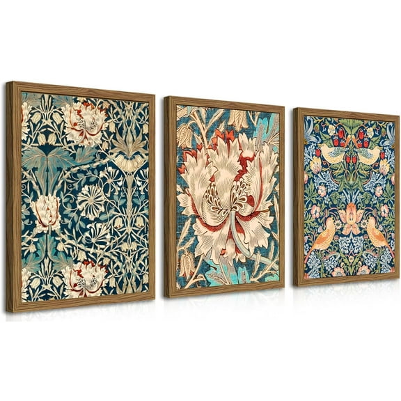 Wood Frame William Morris Wall Art Set of 3, Vintage Animal Bee Butterfly Dragonfly Posters Prints, Botanical Nature Flower Canvas Wall Decor Paintings for Living Room Bedroom Bathroom 12x16In Framed