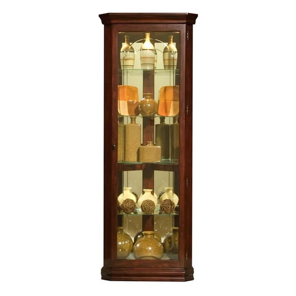 Wood Framed 4 Shelf Corner Curio Cabinet in Cherry Brown by Pulaski Furniture