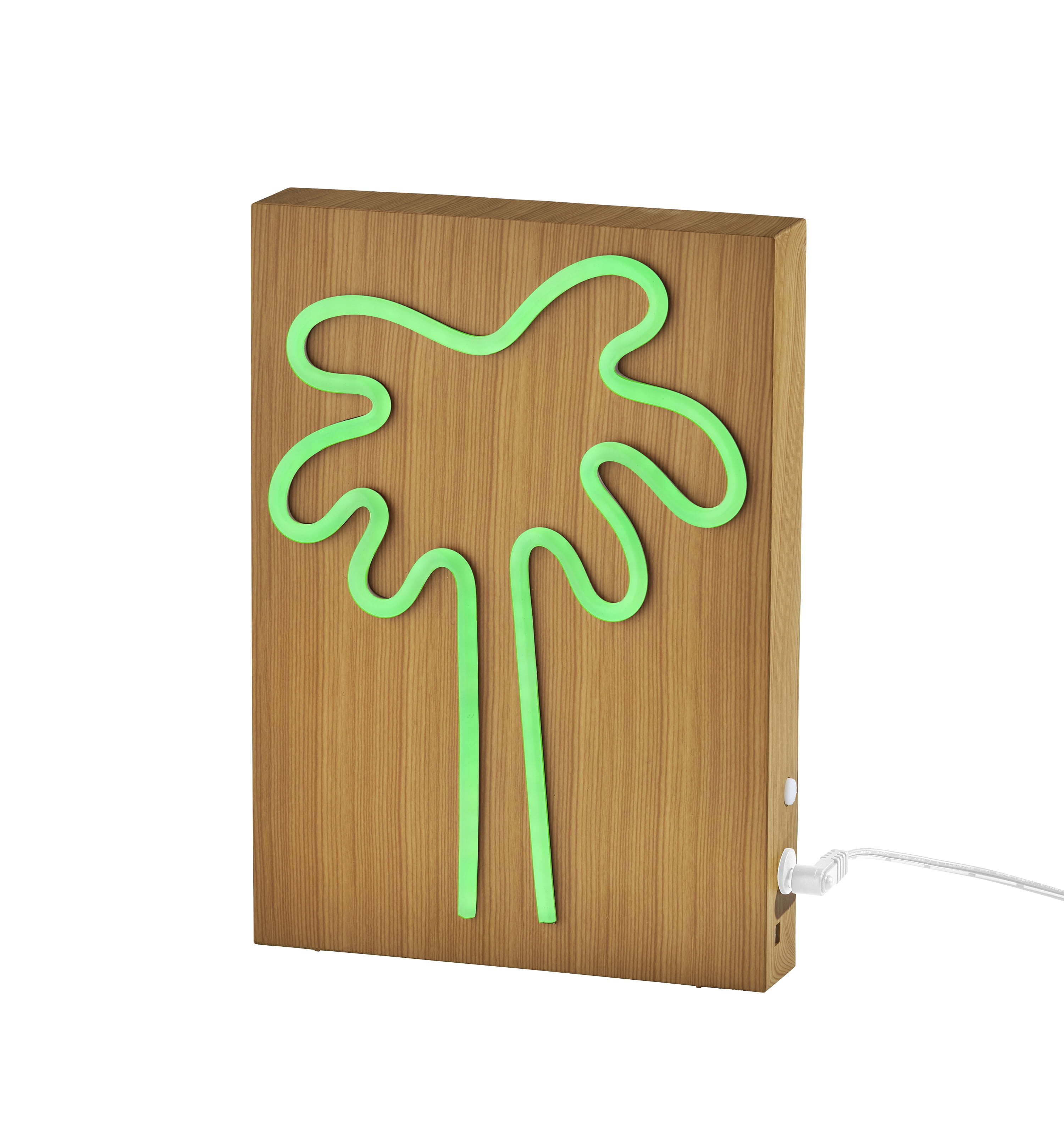 Simplee Adesso Wood Base Framed Neon Palm Tree Table/Wall Lamp, Natural Wood Base Grain Finish on Plastic - water transfer, Abs,