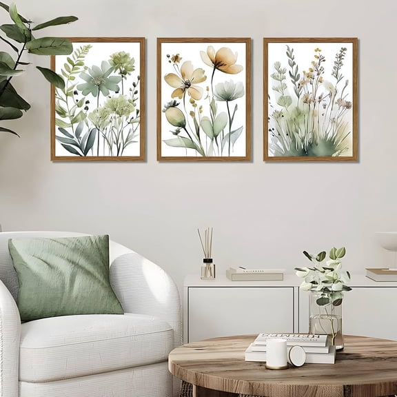 Wood Framed Sage Green Botanical Wall Art Set 3 Panels 12 x 16 Inch Boho Floral Canvas Prints Minimalist Decorative Accent for Bedroom Bathroom Living Room