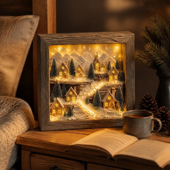 Wood Framed Sea Glass LED Shadow Box Light, Battery Operated Multi Style Portable Ambient Lamp, Nautical Seasonal Decor for Shelf Wall Tabletop Housewarming Present