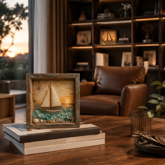 Wood Framed Sea Glass LED Shadow Box Light, Battery Operated Multi Style Portable Ambient Lamp, Nautical Seasonal Decor for Shelf Wall Tabletop Housewarming Present