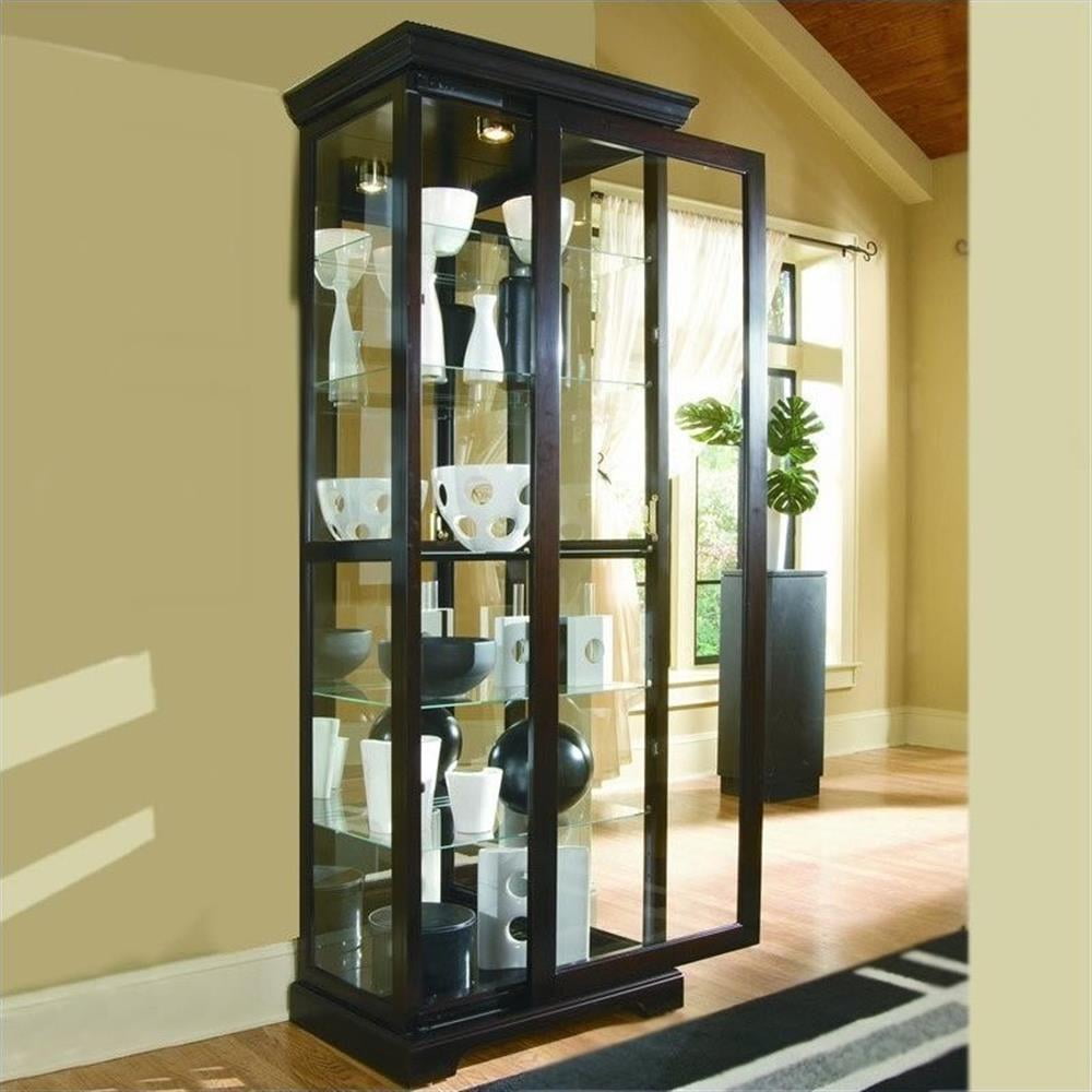 Cherry Brown Lighted Curio Cabinet with Adjustable Shelves