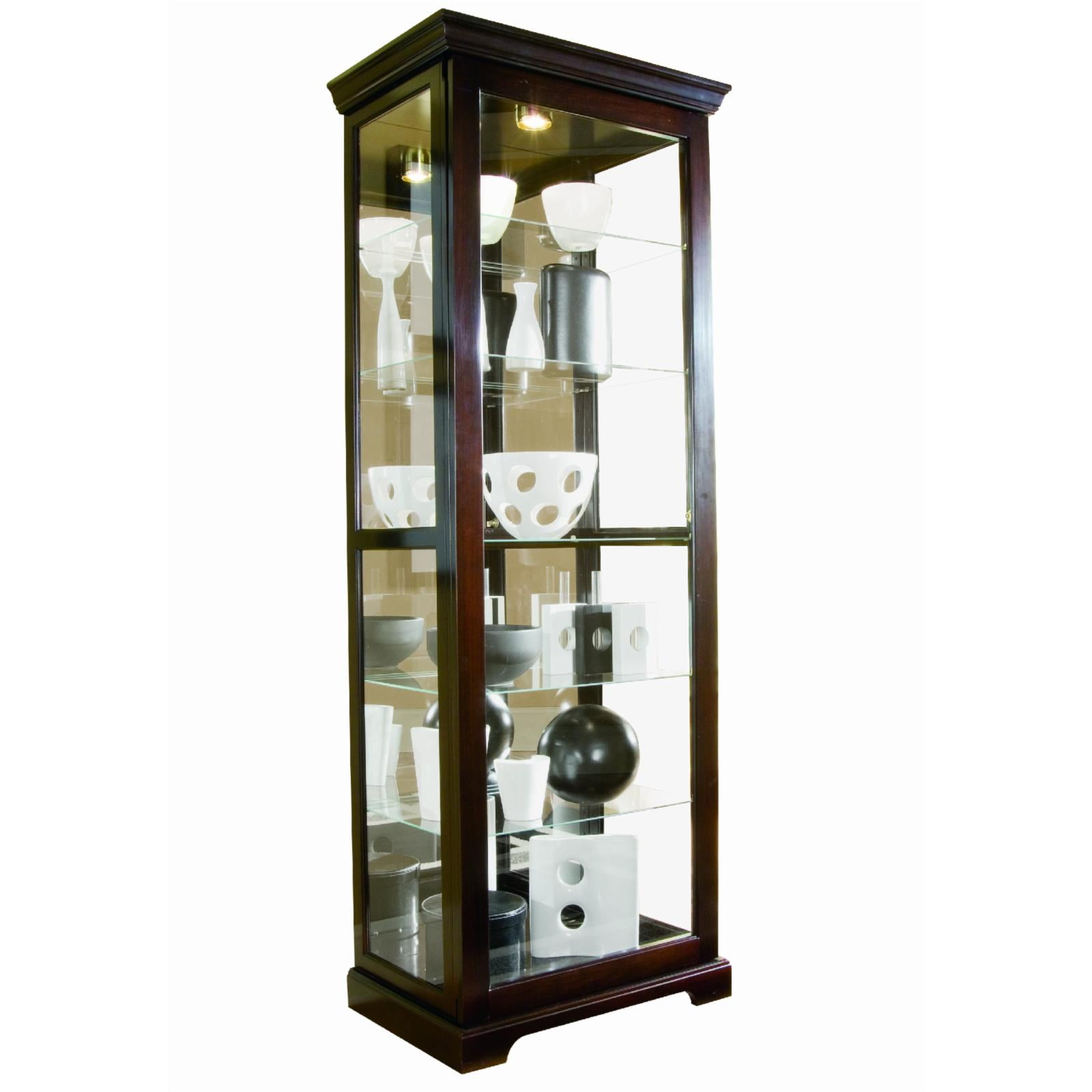 Cherry Brown Lighted Curio Cabinet with Adjustable Shelves
