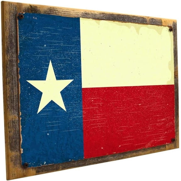 Wood-Framed Texas Flag Metal Sign Mounted on Rustic, Weathered Wood