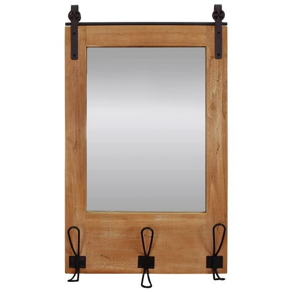 Wood Framed Wall Mirror Decorative Hanging Entryway Mirrors with Hooks and Shelf - Wooden Wall Mounted Mirror for Bathroom Living Room Bedroom Rustic Farmhouse Decor