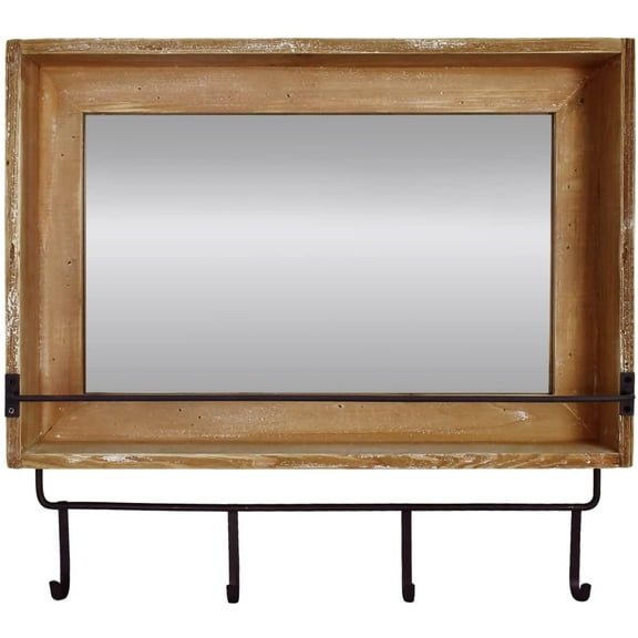 Wood Framed Wall Mirror Decorative Hanging Entryway Mirrors with Hooks and Shelf - Wooden Wall Mounted Mirror for Bathroom Living Room Bedroom Rustic Farmhouse Decor