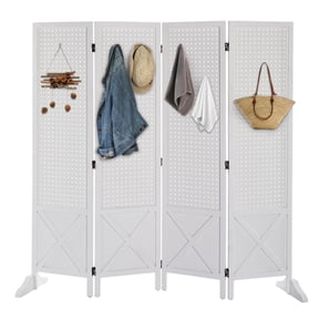 Wood Freestanding Pegboard Display Stand with Base, 5 FT Folding Room Divider Organizer Rack, Privacy Screen Partition Wall Panel for Craft Fairs Retail Stores Trade Show Exhibits Events, White