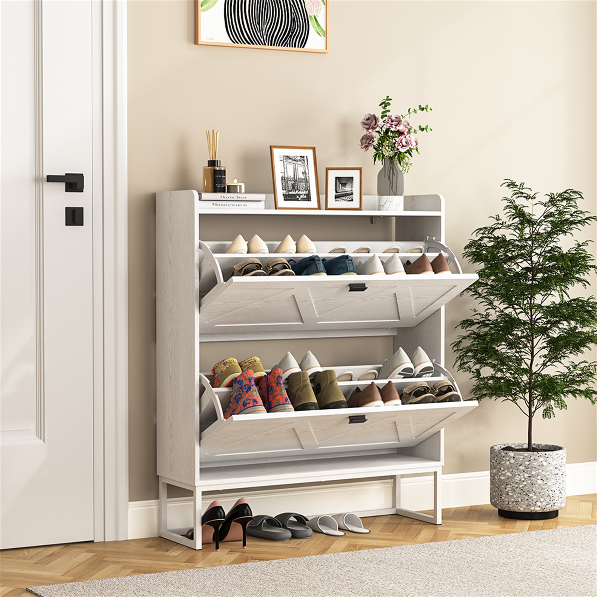 Tipping Bucket Rack Wood Freestanding Tipping Bucket Shoe Rack with Open Shelves in White ...