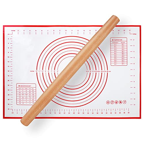 Wood French Rolling Pin for Baking,Wooden Dough Roller with Silicone Baking Mat,Beech Wood Rolling Pins for Baking Dough,Pizza,Pie,Pastries,Pasta and Cookies,Red Pastry Mat