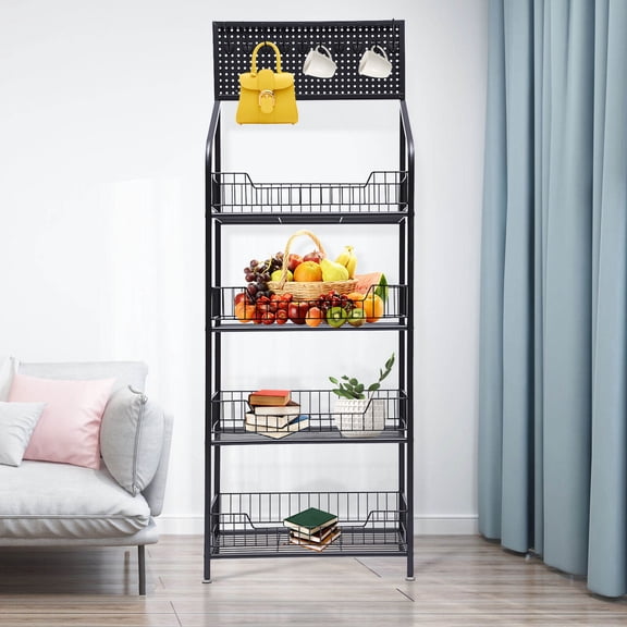 Wood Fruit and Vegetable Basket Stand Rack,4 Tier Snack Cart with Wheels and 5 Hooks,55" Cart Rolling Pantry Utility Kitchen Cart, Strong Stability for Stores, Kitchen, Office,Black